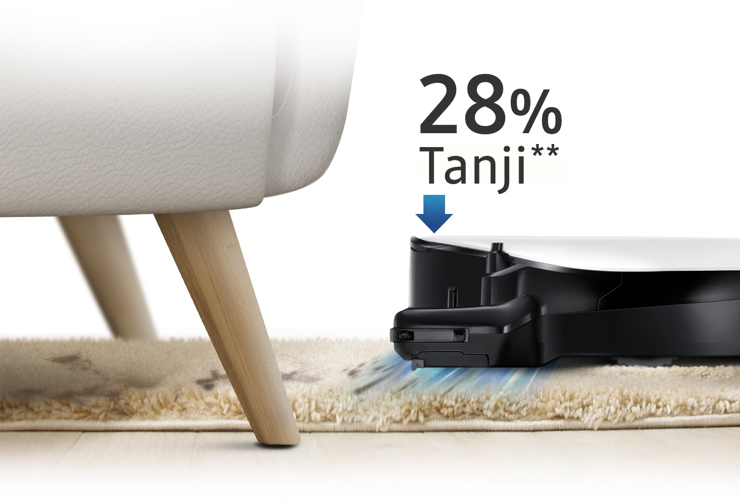 An image showing a POWERbot VR7010 device vacuuming a carpet and cleaning under a sofa, as well as an arrow icon and text that reads '28% slimmer.'