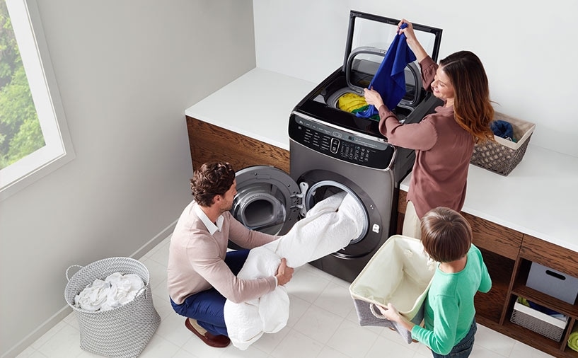 Clockwise from top left: 1. A family of three use the FlexWash’s upper and lower washers in their laundry room. 