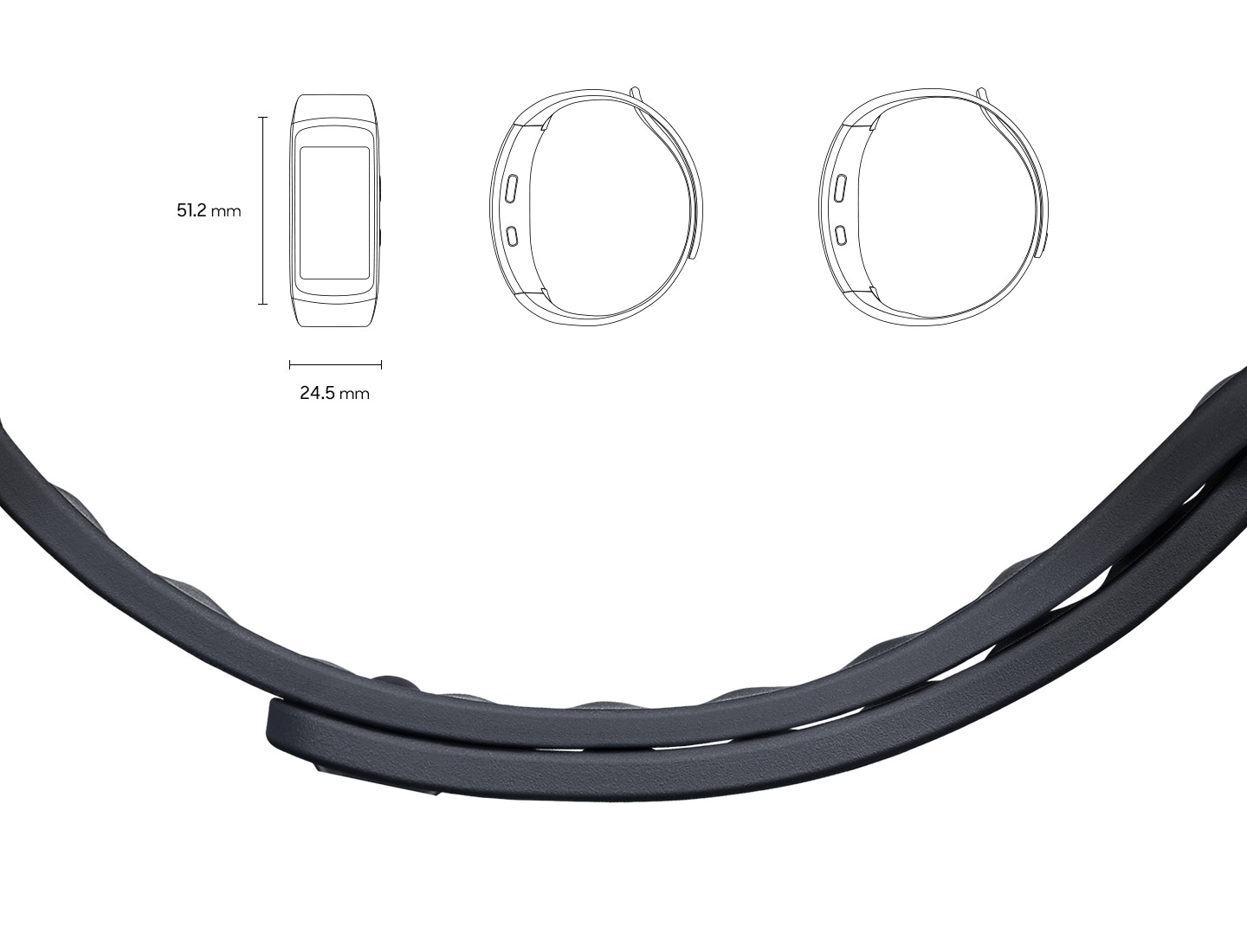 Gear fit2 of size 51.2mm by 24.5mm seen from the front and from the side in small size and large size along with a closeup of the band