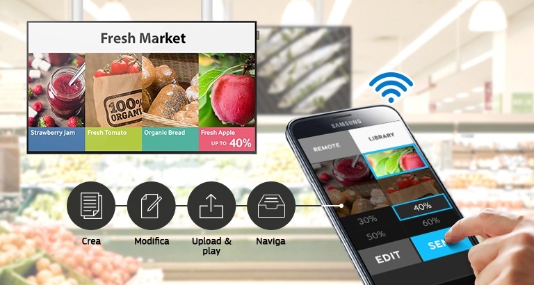 Gestisci il digital signage tramite wireless, in qualsiasi momento e in qualsiasi luogo ti trovi, da dispositivo mobile.
