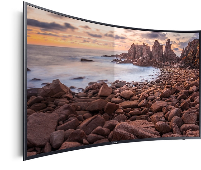 A Right perspective angle of  Samsung TV with light detailed canyon onscreen image. 