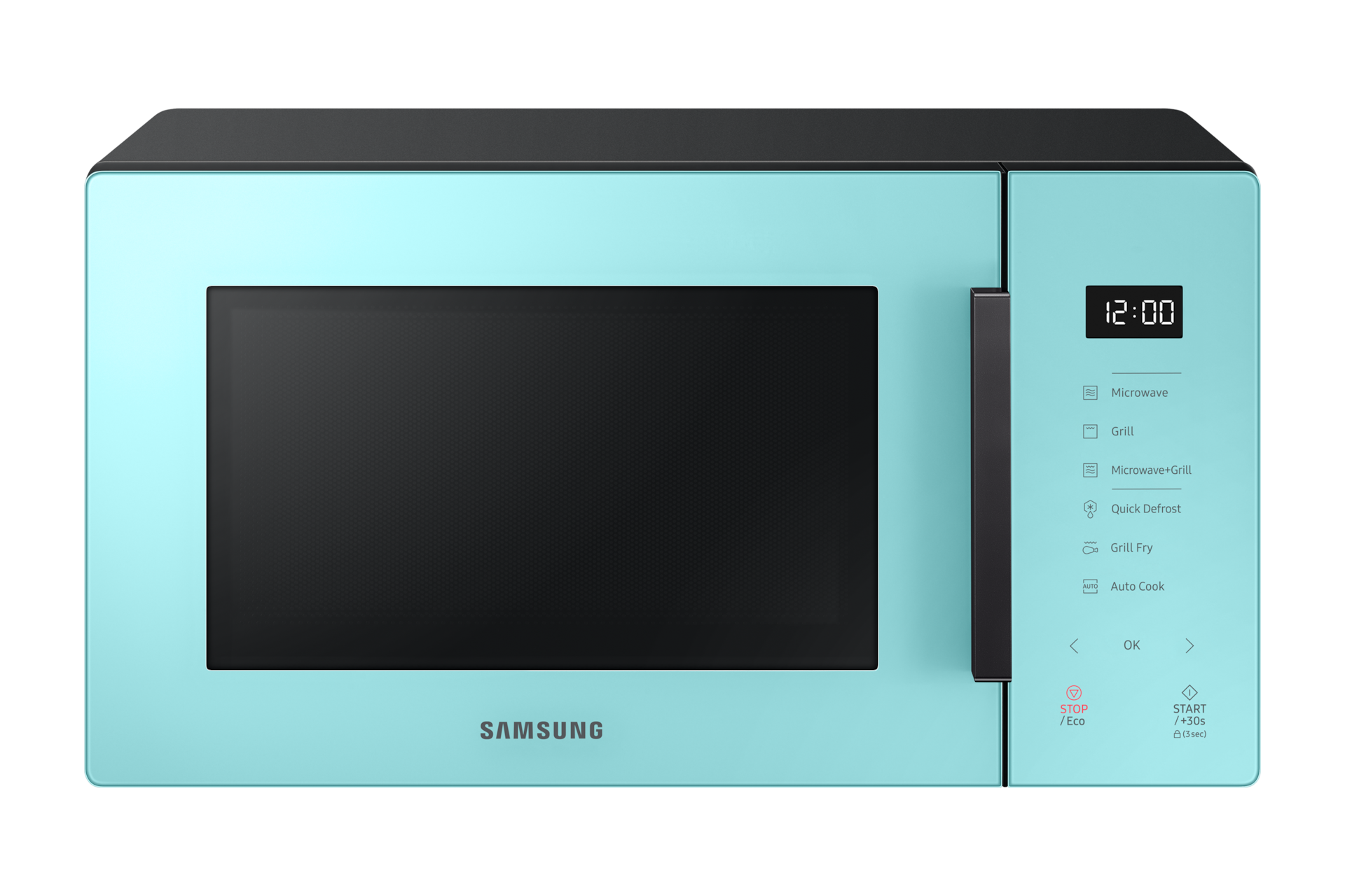 See the front with Control Panel of the 23L, Mint Grill Oven with Healthy Grill Fry Function & check out the blue microwave price at Samsung MY!
