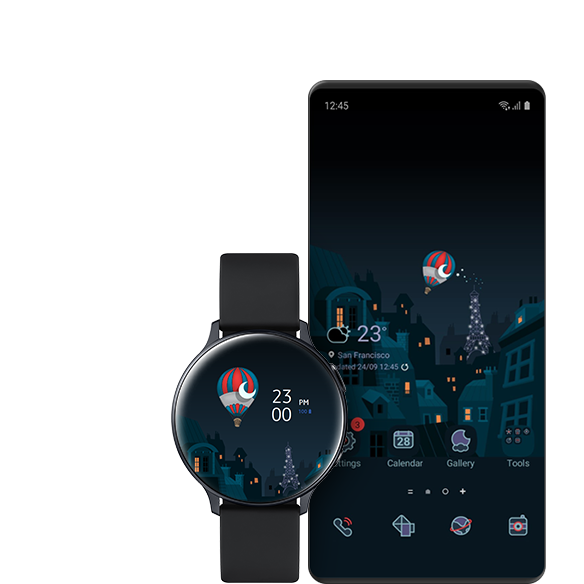 A GUI screen showing a Galaxy Watch and a Galaxy phone with similar themes.