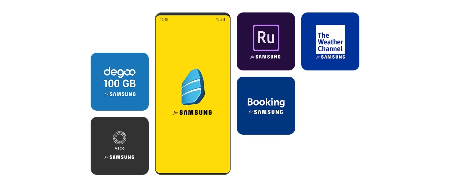 A screenshot of various icons for third-party apps available in the Galaxy Store, including The Weather Channel for SAMSUNG, Degoo for SAMSUNG, VSCO for SAMSUNG, Booking.com for SAMSUNG, Adobe Premiere Rush for SAMSUNG, and Rosetta Stone for SAMSUNG.