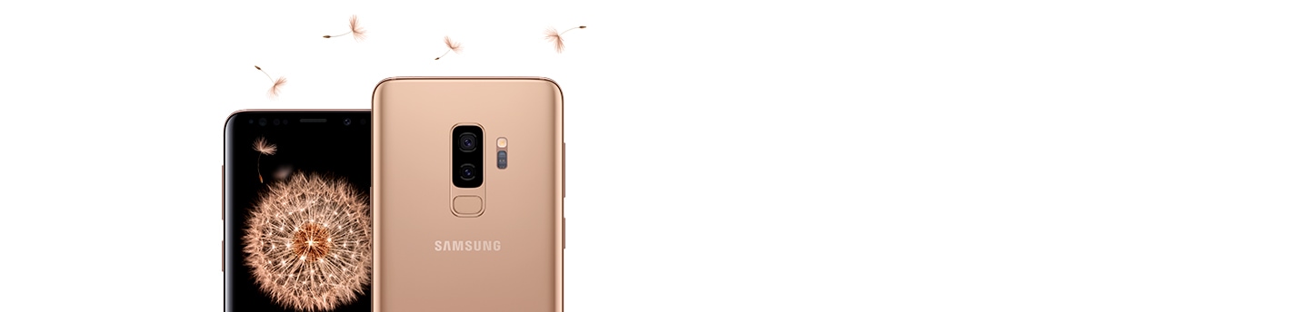 One Galaxy S9 seen from the front and Galaxy S9+ seen from the front and the rear in lilac purple. Displayed on Galaxy S9 is dandelion seeds and displayed on Galaxy S9+ is a dandelion.