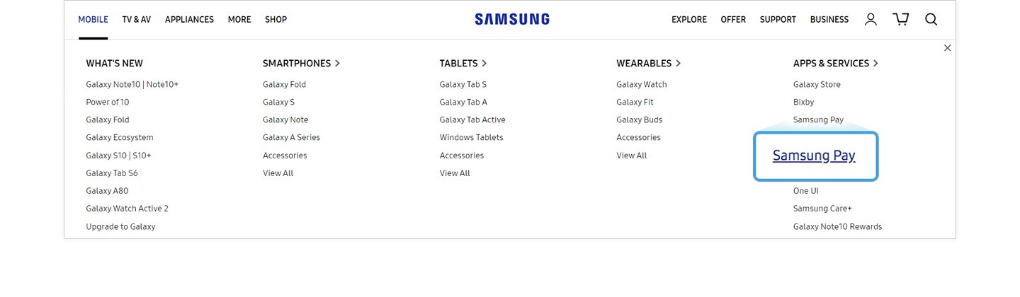 Enlarged image of the Samsung Pay menu of the Samsung.com GNB