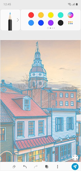 Blue lines outlining the buildings of the old European style town image is shown. The PENUP fill toolbar is shown with the pencil tool and multi-colour paint colour selected.