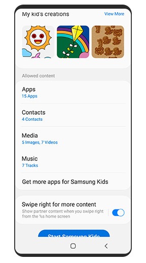A GUI shows the Samsung Kids screen with your kid's creations and parental controls for Apps, Contacts, Media and Music.