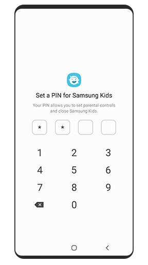 The simulated image of GUI of the Samsung Kids Security screen that prompts you to set up a 4-digit PIN.
