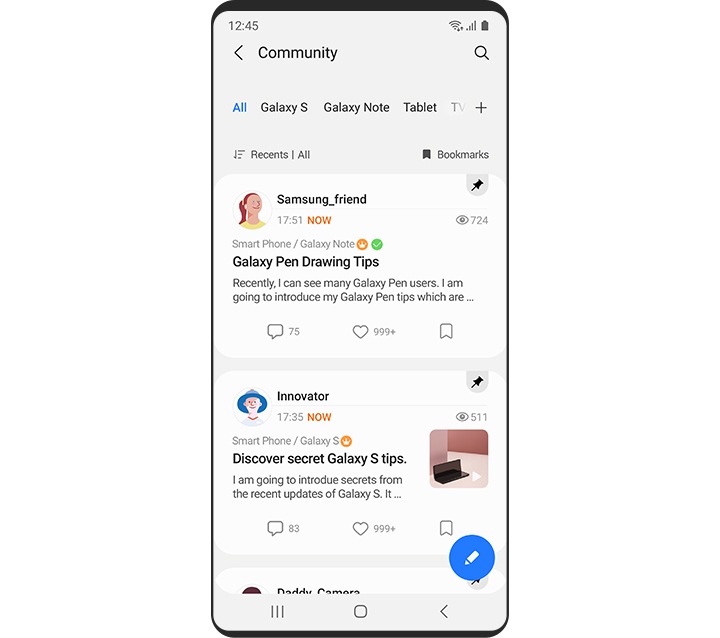 Galaxy smartphone showing the Community page on the Samsung Members app.