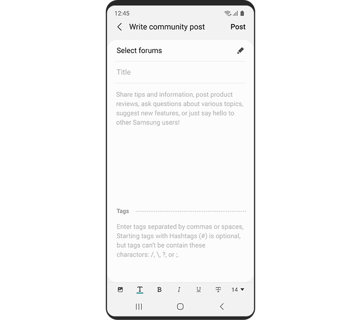 Galaxy smartphone showing the Write community post page on the Samsung Members app.