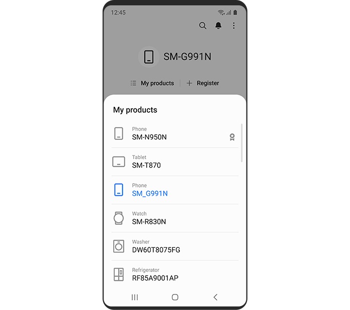 Galaxy smartphone showing a list of products on the Samsung Members app.