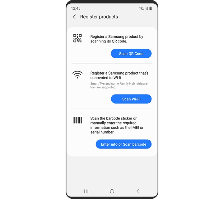 Galaxy smartphone showing methods for registering a product onto the Samsung Members app, including Scan QR Code, Scan Wi-Fi, or Enter info or Scan barcode.