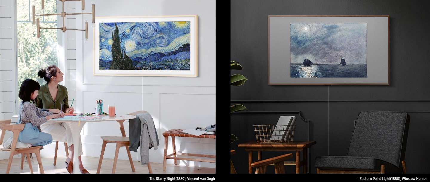 The Frame in Art Mode displaying 'The Starry Night (1889)' by Vincent van Gogh. A woman looks at the painting while she and her child draw and paint at the dining room table. The Frame displays 'Eastern Point Light (1880)' by Winslow Homer, a picture of two boats sailing in the deep night sky with a full moon overhead.