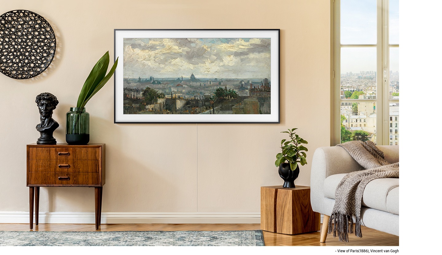 The Frame on Art Mode displays the painting, ‘Views of Paris (1886)’ by Vincent van Gogh in a sunny living room.