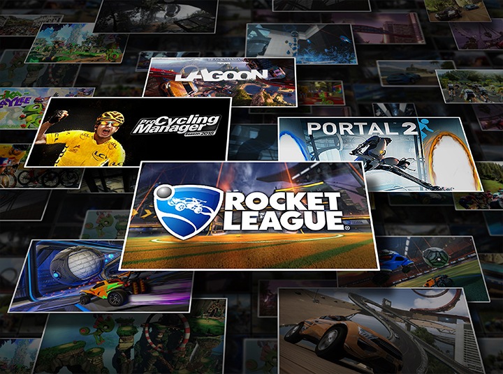 Stacked tiles with each tile featuring various Steam games, including Rocket League®, Pro Cycling Manager 2018, Portal 2, and Trackmania² Lagoon.