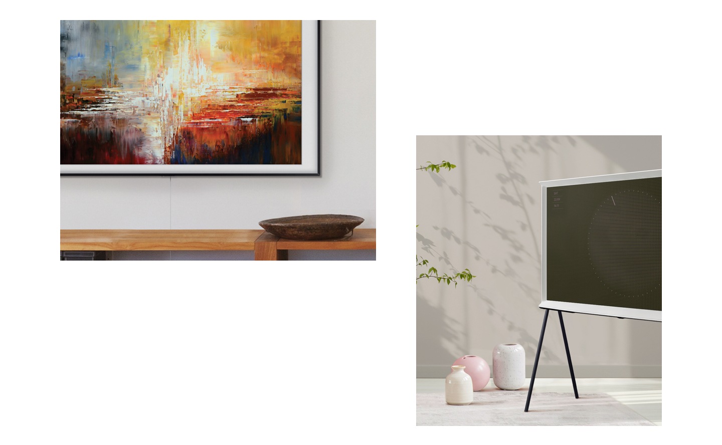 Samsung The Frame TV customized bezel is displaying artwork with art-store, and is installed using no-gap wall mount. 2019 new Serif TV with ambient mode that is one of new features is in a living space with modern style furniture.