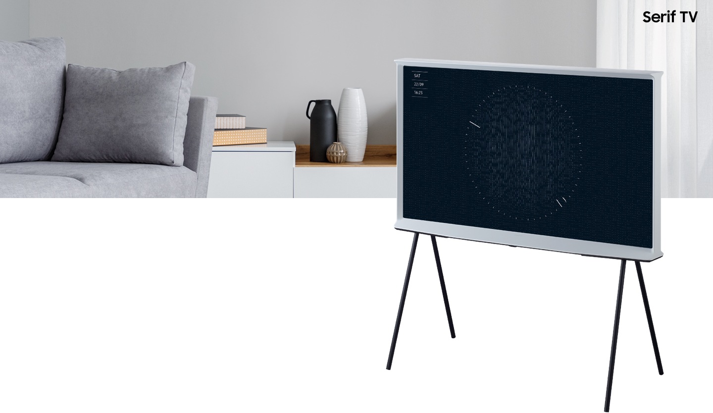 2019 Serif TV is displaying ambient mode timer with QLED display. Samsung new Serif TV with iconic design by Bourollec blends into modern home interior, and becomes an important part by extending beyond the TV itself.