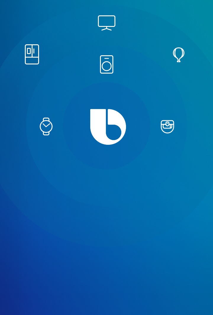 Icon images of a washing machine, refrigerator, smart watch, TV, headset and robot vacuum are lined up against a background with a circular pattern of varying shades of blue with the Bixby logo placed at the center.