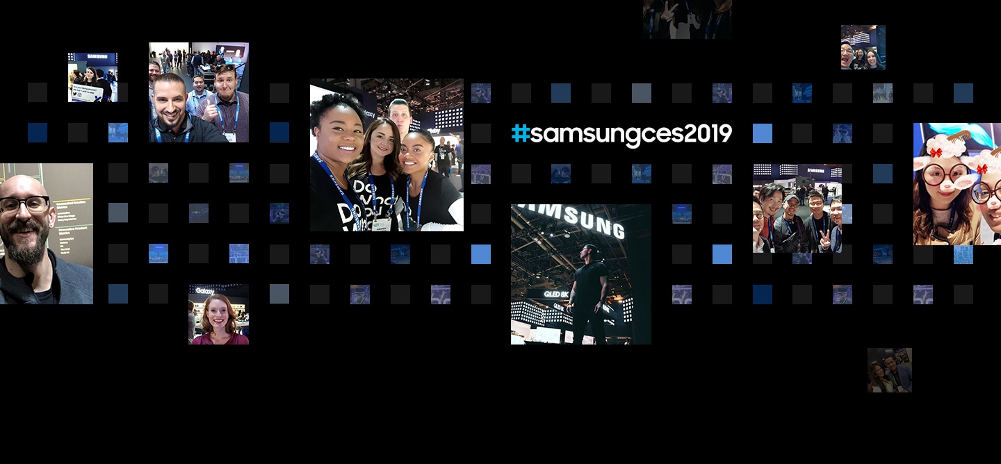 11 social media post photographs are displayed in front of a digital cube background from the 'Samsung City' theme at CES 2019.