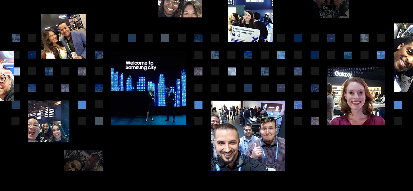 11 social media post photographs are displayed in front of a digital cube background from the "Samsung City" theme at CES 2019.