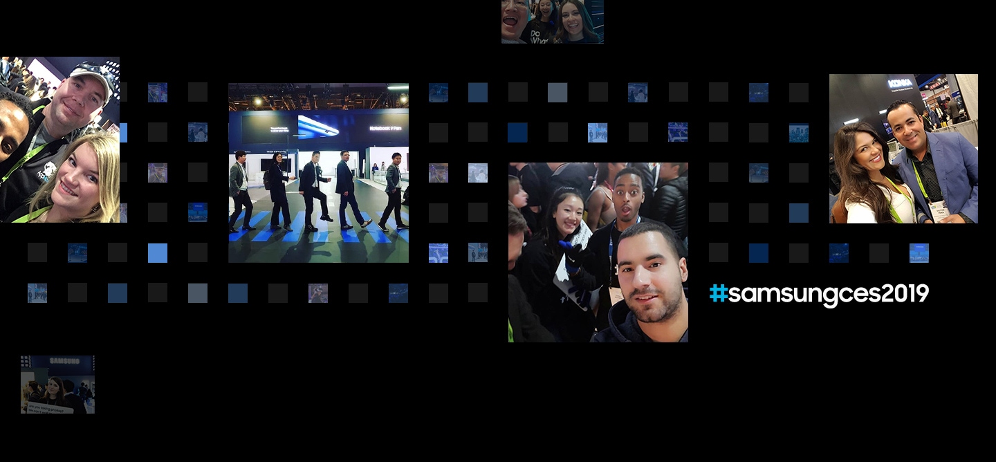 6 social media post photographs are displayed in front of a digital cube background from the "Samsung City" theme at CES 2019.