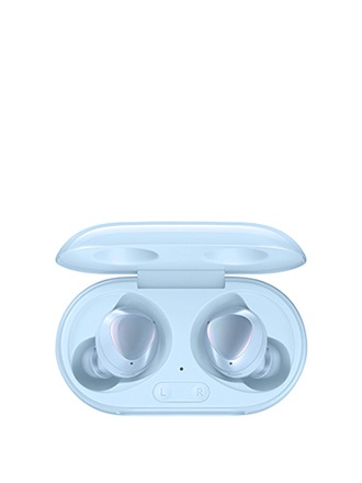 A product shot of a pair of sky blue Galaxy Buds+ sitting in their sky blue case