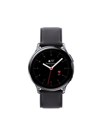 A product shot of a black Galaxy Watch Active2, the time on the watch's face reads 10:08 am