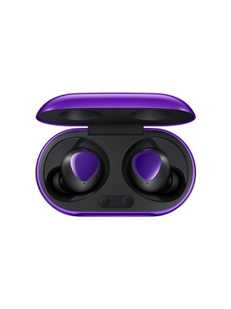 A product shot of a pair of BTS Edition Galaxy Buds+ with purple detailing, sitting in an open purple charging case