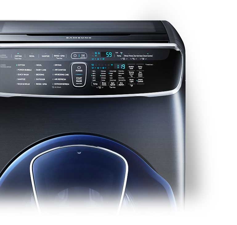 The Digital Inverter ten year guarantee emblem appears in front of an image of the FlexWash washing machine.