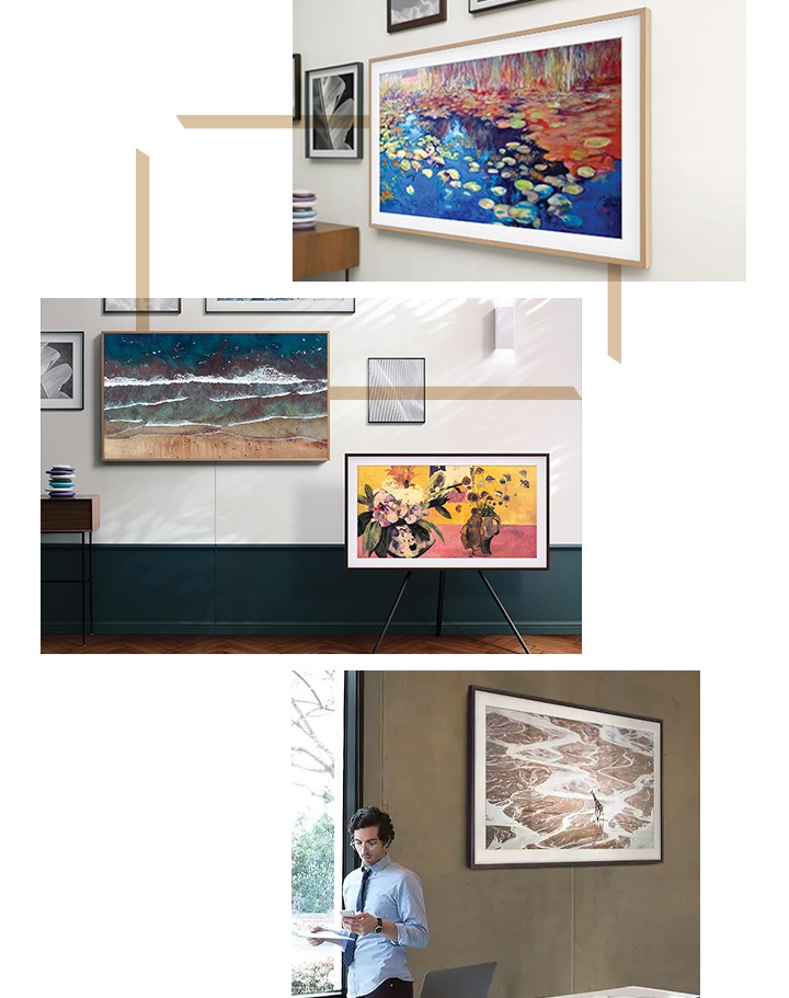 The Frame are shown installed in a variety ways with different color bezels and with its art collection onscreens.