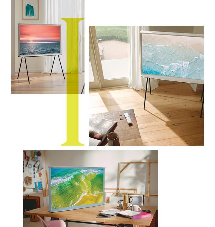 The Serif products are shown in three stylish rooms, two on detachable stands and one on a tabletop, and all showing beautiful ocean images onscreen.