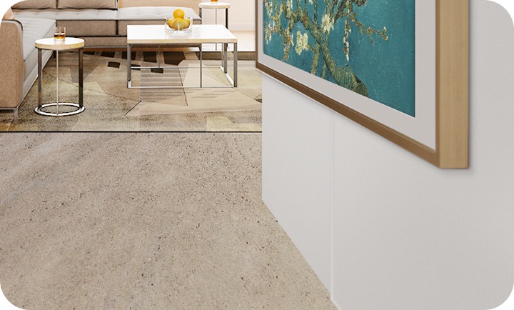 The Frame TV is seen mounted on a clean wall in Art Mode, with a simple light moving through One Invisible Connection to highlight the neat look.