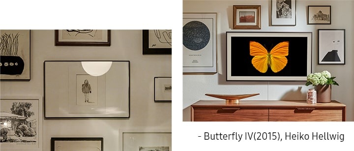 Two mounted Samsung The Frame TVs blend in with artwork like real picture frames, showing you examples of how to style The Frame TV in your home. One of The Frame TVs is mounted above dressers displaying Butterfly IV (2015) by Heiko Hellwig.