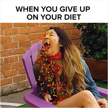 A Super Slow-mo video from BuzzFeed shot on Galaxy of a woman and a man getting various snacks thrown at their face and them trying to catch. The caption above says “When you give up on your diet”.