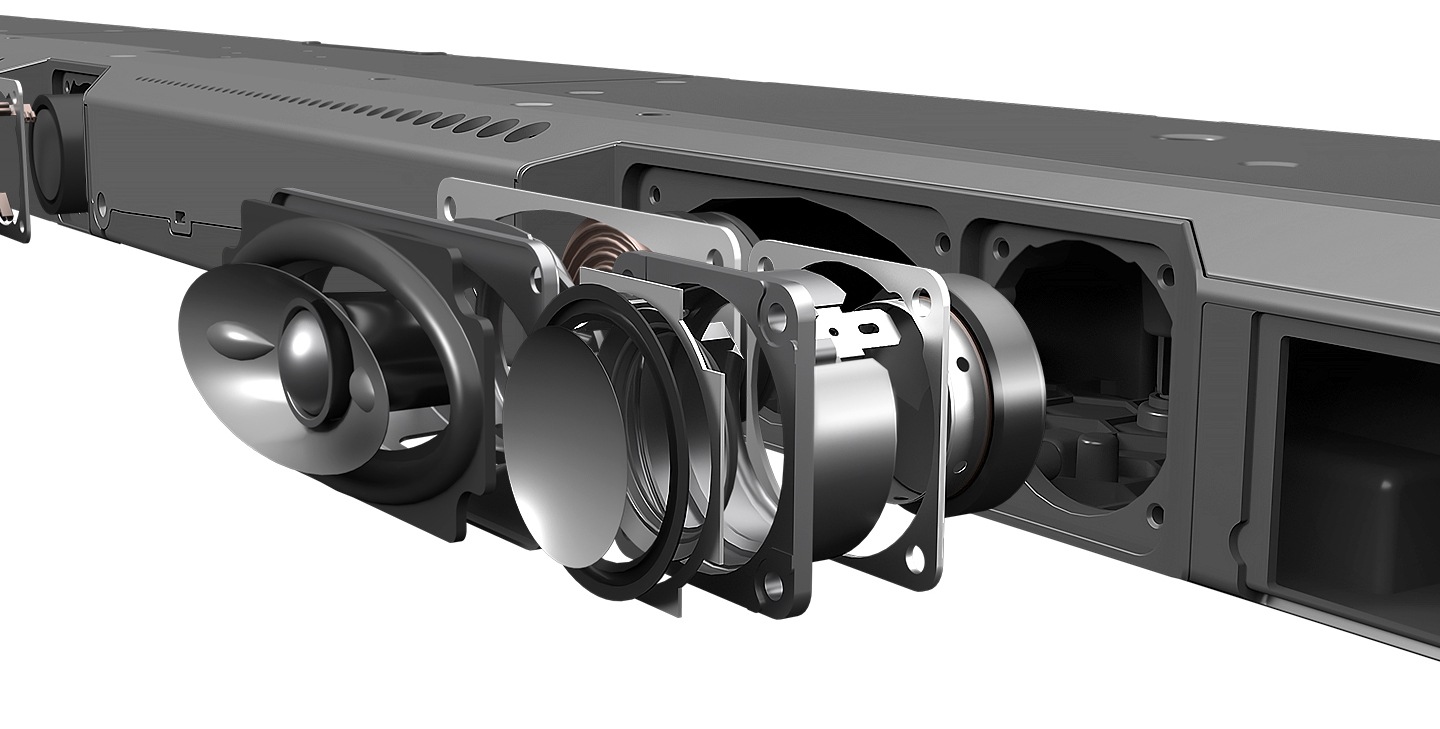 Samsung Soundbar is seen from the rear with individual speaker parts separated to show the amount of engineering that goes into the soundbar. Samsung Soundbar is seen from the rear with individual speaker parts separated to show the amount of engineering that goes into the soundbar.