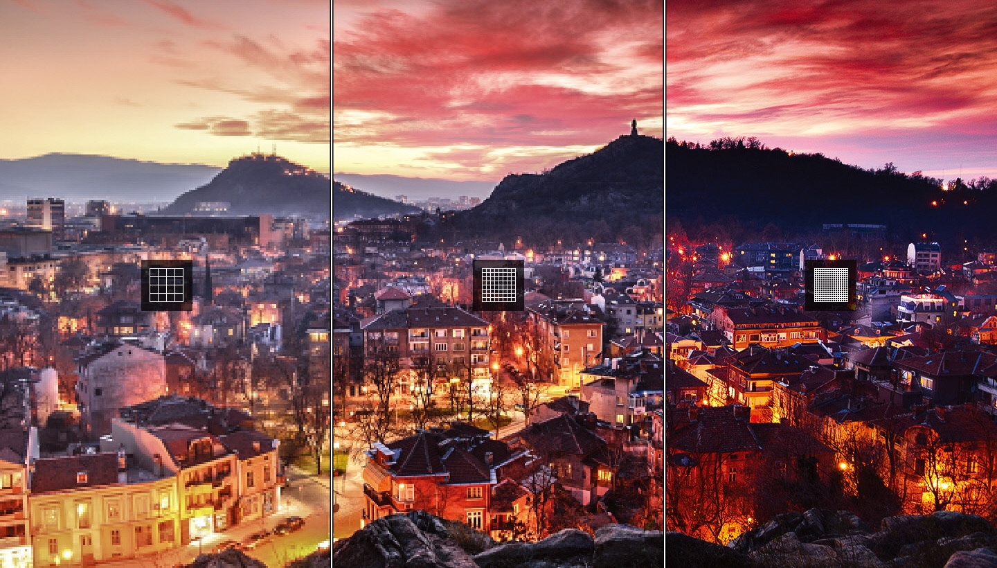 A city view image with three division - from the lower resolution on the left to the higher resolution on the right