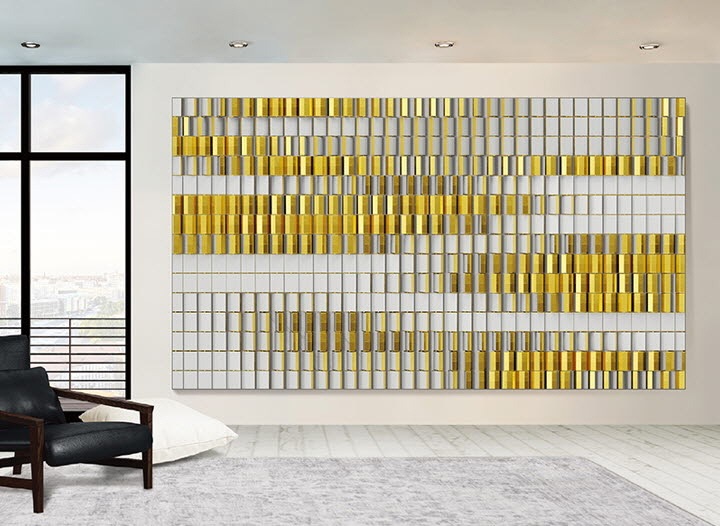 A simple living room environment with The Wall displaying a gold tile décor