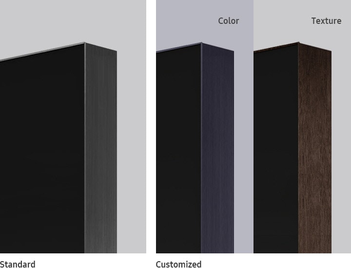 A close-up corner shot of The Wall décor frame being shown in several forms - a standard grey metal frame on the left, a blue metal frame in the middle and wooden frame on the right. They can be customized in different colors and textures