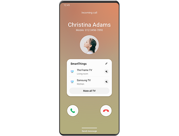 واجهة المستخدم الرسومية لهاتف Galaxy ذكي تعرض مكالمةً واردةً من Christina Adams، وينبثق في الوقت نفسه إشعار تطبيق SmartThings بالأسفل يتيح لك كتم صوت تلفزيون غرفة المعيشة أو تلفزيون المطبخ أو جميع أجهزة التلفزيون.