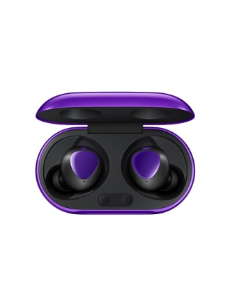 A product shot of a pair of BTS Edition Galaxy Buds+ with purple detailing, sitting in an open purple charging case