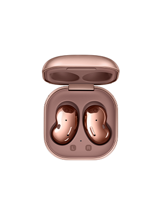 An overhead view of a Mystic Bronze pair of Galaxy Buds Live placed inside an open charging case.