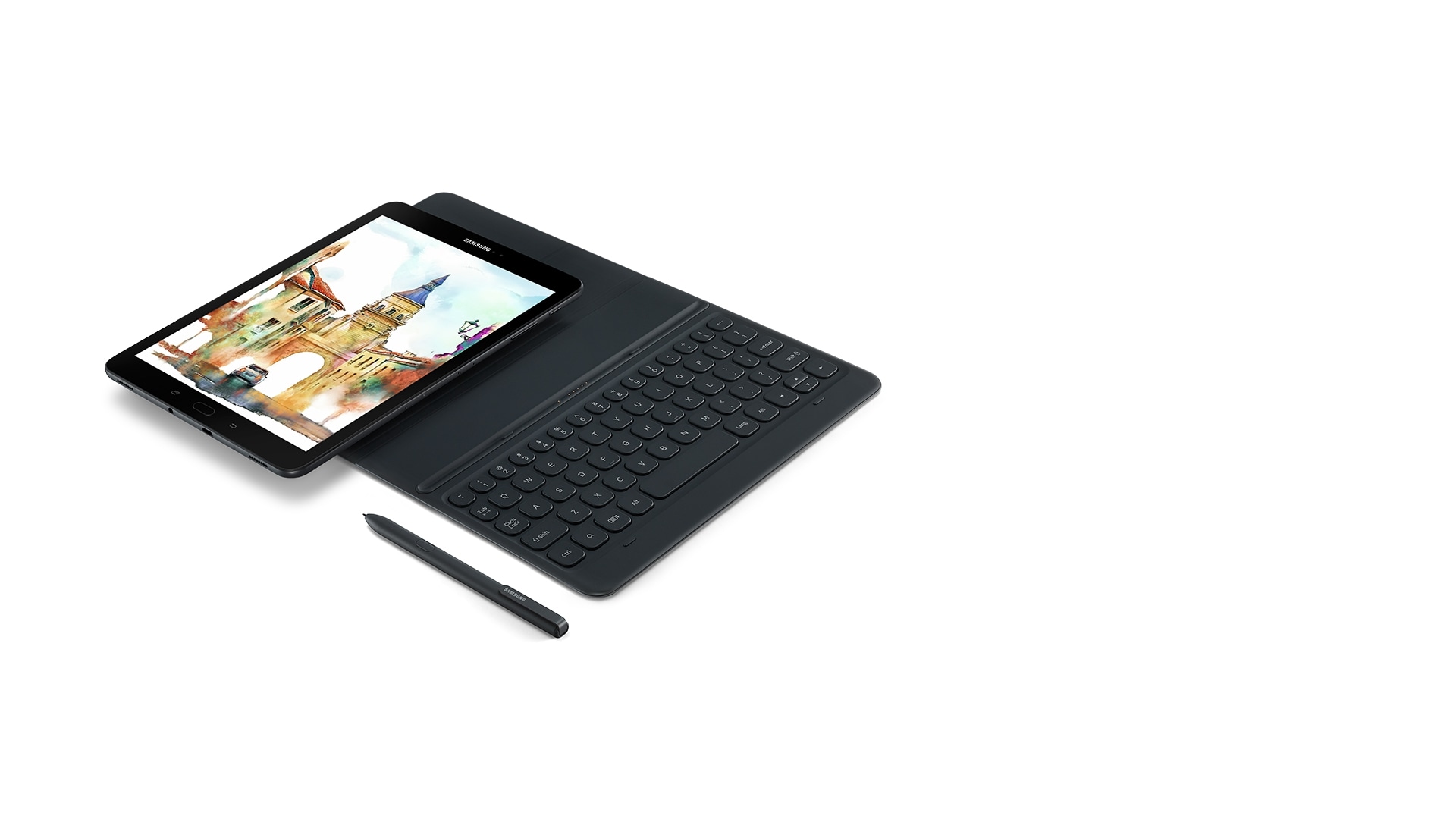 A Galaxy Tab S3 facing forward with a Galaxy Tab S3 faced backwards with S Pen leaning against it