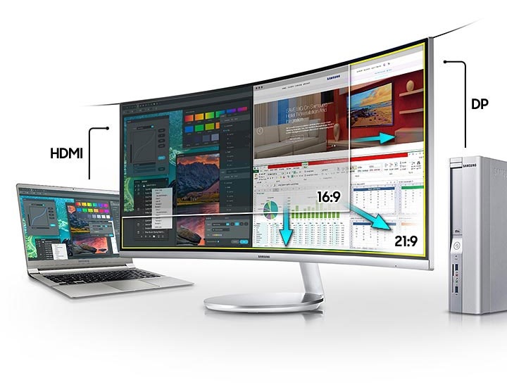 Image that describes the Picture - by - Picture function, which connects two different input sources. On the left is a text that marks the connection between the laptop and HDMI, and on the right is a text that marks the connection between the PC and DP.