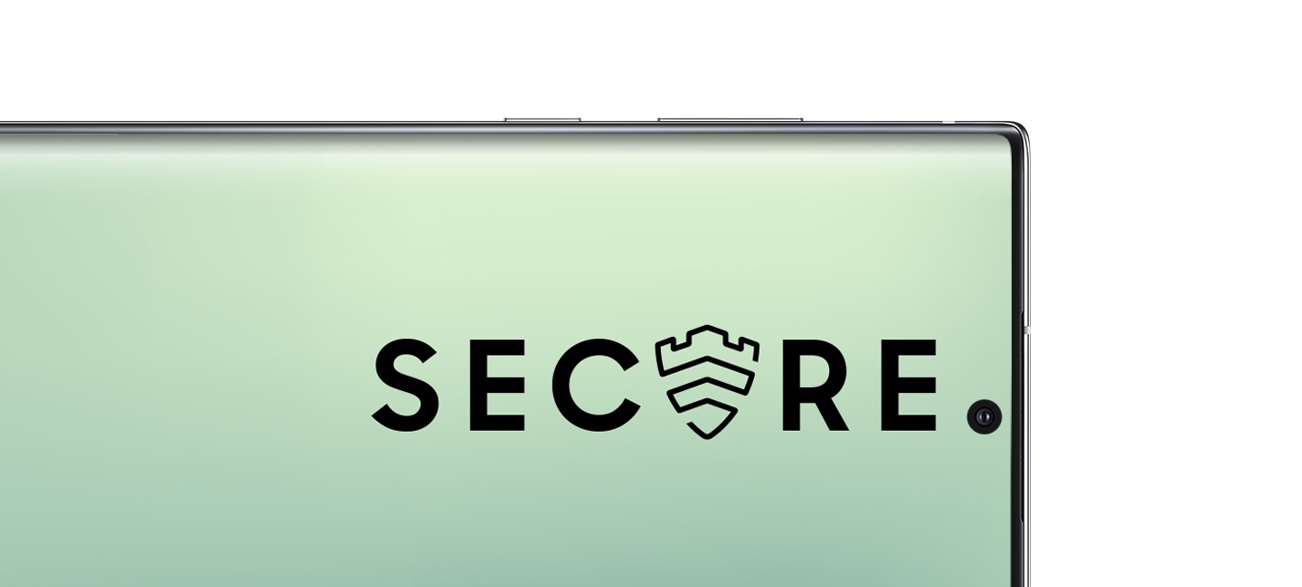 Close up of Galaxy Note10+ in landscape mode with text that says SECURE across the screen, with the U replaced by the Samsung Knox logo.