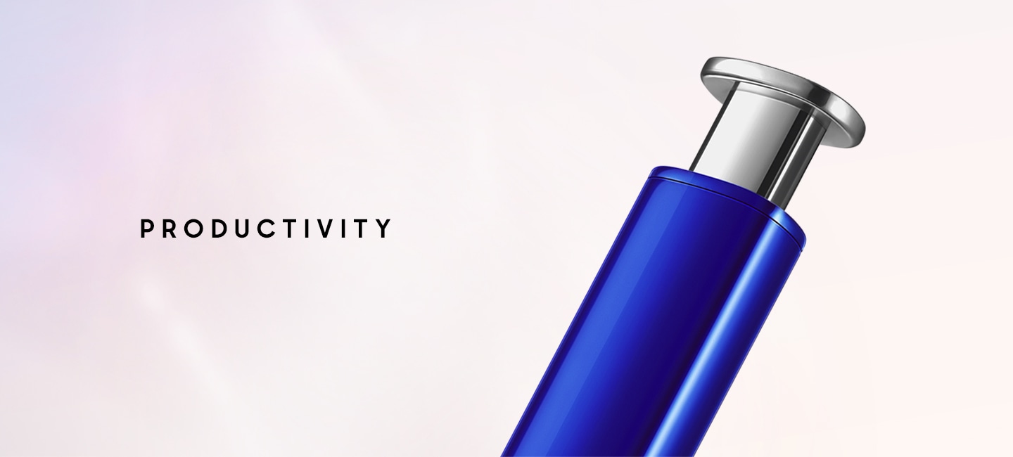 Close up of the top of blue S Pen, showing the silver click-top with text that says PRODUCTIVITY.