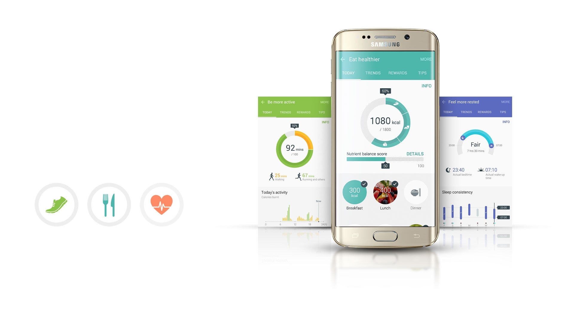 An image showing the various features of the S Health app.