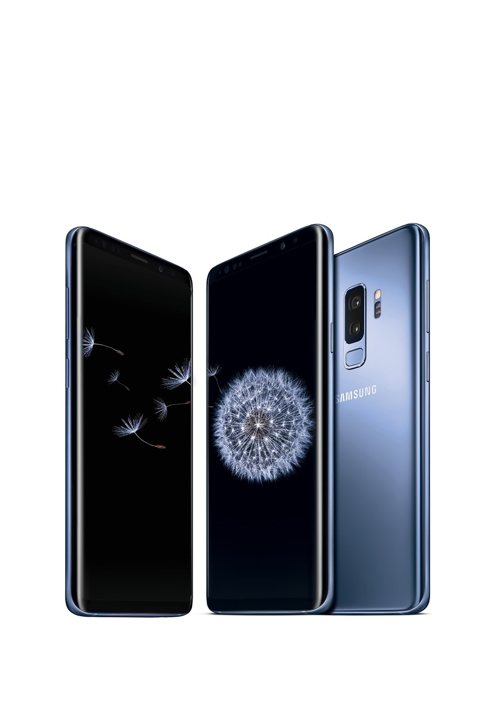 Galaxy S9+ seen from the front and the rear in coral blue.