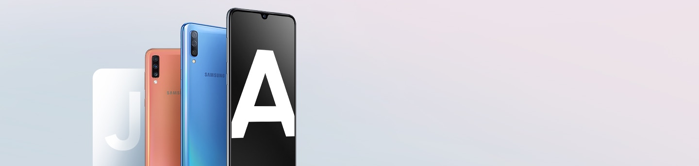 New Galaxy A devices in front of a faded letter J.