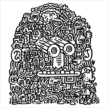 A black and white illustration by Mr. Doodle that resembles a face